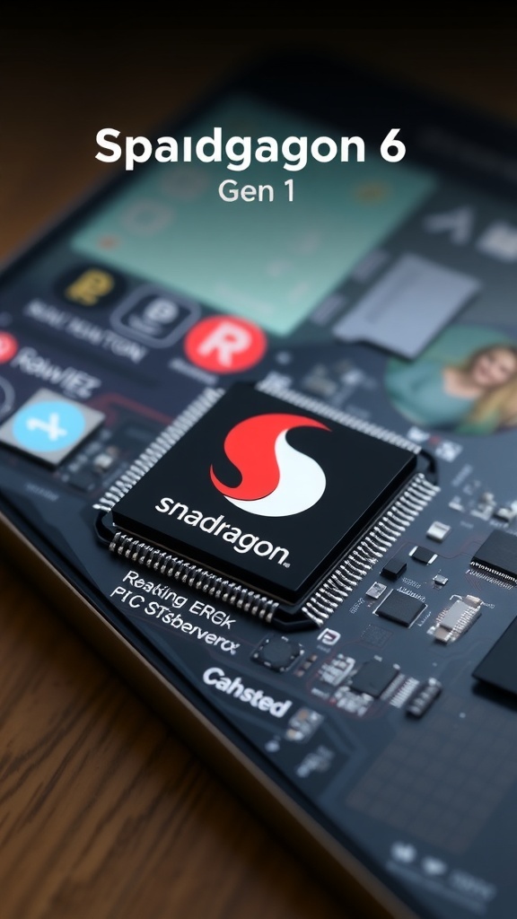 Close-up of Snapdragon 6 Gen 1 chipset with intricate circuitry, set against a blurred smartphone background.